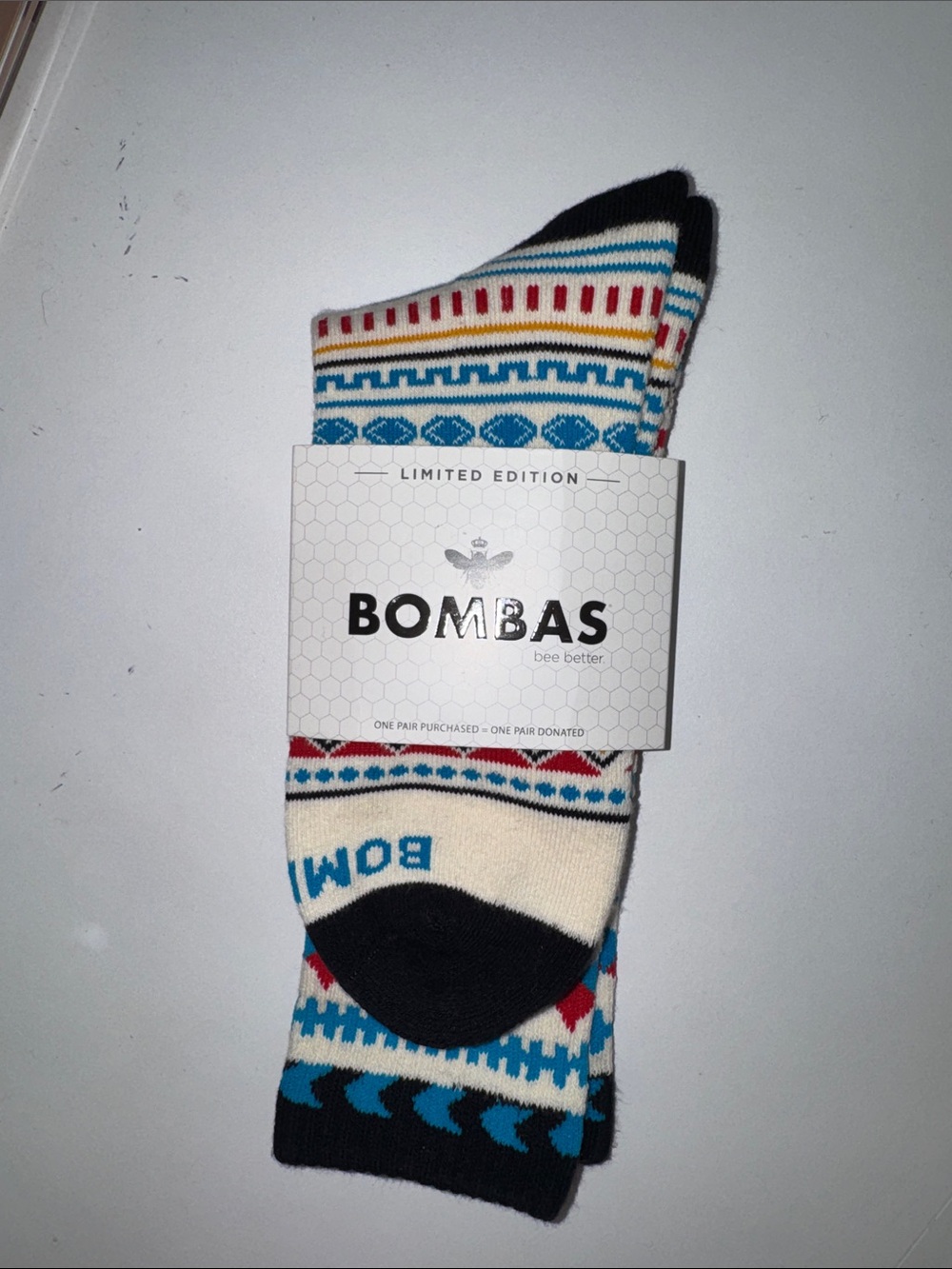 Bombas Cream Crew Socks with Blue, Red & Black Pattern